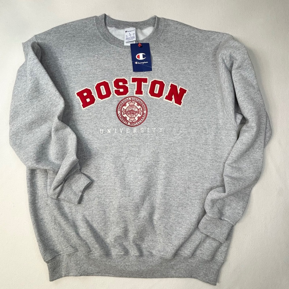 NWT BOSTON UNIVERSITY Crewneck Sweatshirt Mens L Gray Appliqué/Emboidered